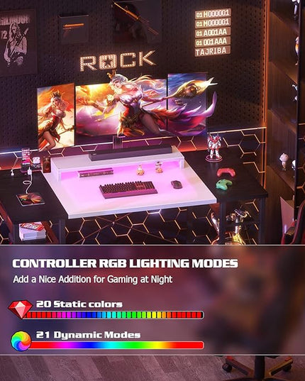 armocity Computer Desk with LED Lights, 48 Inch Desk with Power Outlet and USB, Reversible Large Desk with Moveable Monitor Stand, 48'' Gaming PC Table for Home Office, Workstation, White and Black - LeafyLoom