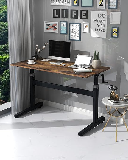 Manual Standing Desk Adjustable Height- Crank Mobile Standing Desk 55 x 24 Inches Sit Stand Desk Frame & Top, Stand Up Desk on Wheels, Computer Desk Black Frame & Rustic Brown - LeafyLoom