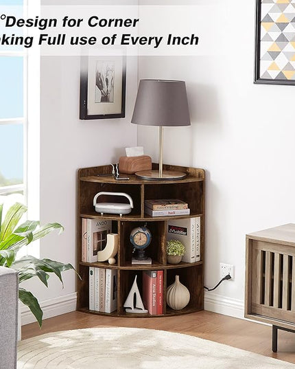 Vecelo Corner Cabinet with Charging Station, 3-Tier Cube Storage Organizer with USB Ports and Outlets, Triangle Bookcases with 8 Cubbies for Playroom, Bedroom, Living Room, Brown - LeafyLoom