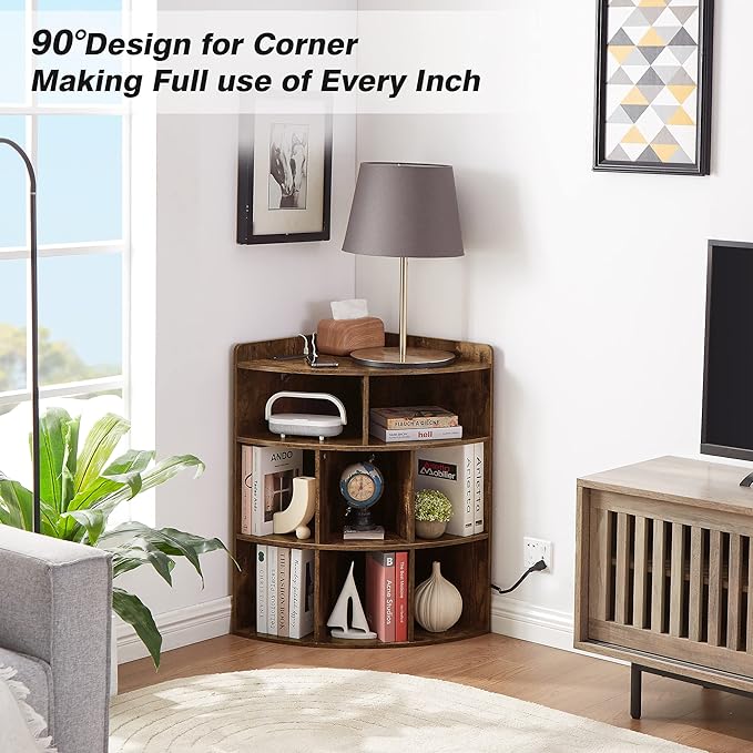 Vecelo Corner Cabinet with Charging Station, 3-Tier Cube Storage Organizer with USB Ports and Outlets, Triangle Bookcases with 8 Cubbies for Playroom, Bedroom, Living Room, Brown - LeafyLoom
