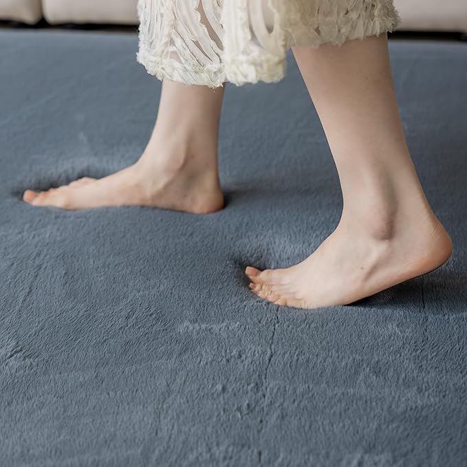 Faux Rabbit Fur Rug - 1.18" Thick Soft Fluffy Area Rug, Non-Slip Memory Foam Crawling Mat, Dark Gray, 78"x110" - LeafyLoom
