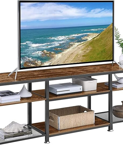 VECELO TV Stand for Televisions up to 75 Inch, Industrial Entertainment Center with 3-Tier Open Storage Shelves& Hooks for Living, Bedroom and Gaming Room, 70 in, Brown - LeafyLoom