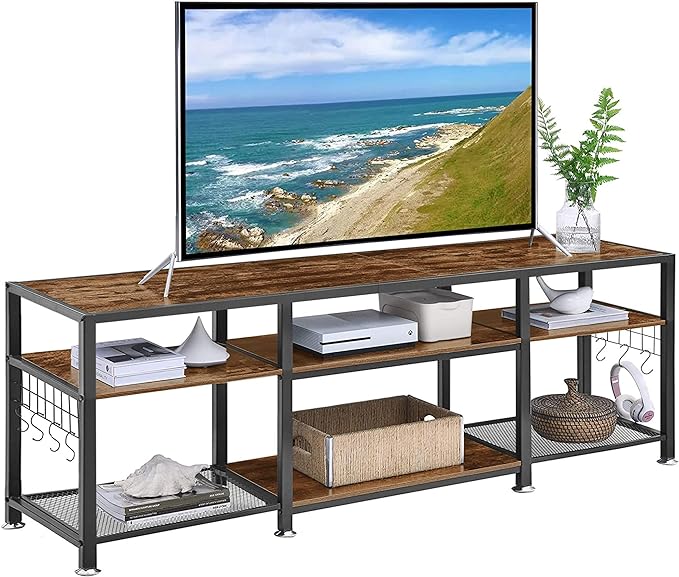 VECELO TV Stand for Televisions up to 75 Inch, Industrial Entertainment Center with 3-Tier Open Storage Shelves& Hooks for Living, Bedroom and Gaming Room, 70 in, Brown - LeafyLoom
