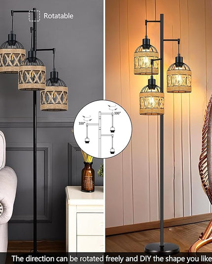 Tree Floor Lamp Rattan for Living Room,Bedroom,3-Lights Boho Floor Lamps,Farmhouse Industrial Black Standing Lamp Wicker Tall Lamp,Woven Bamboo Lamp Shade Floor Light Bohemian - LeafyLoom