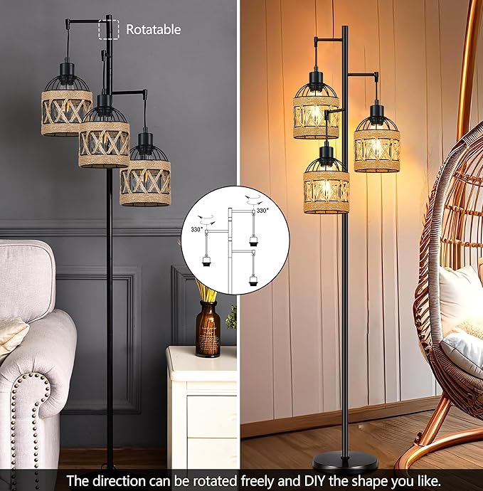 Tree Floor Lamp Rattan for Living Room,Bedroom,3-Lights Boho Floor Lamps,Farmhouse Industrial Black Standing Lamp Wicker Tall Lamp,Woven Bamboo Lamp Shade Floor Light Bohemian - LeafyLoom