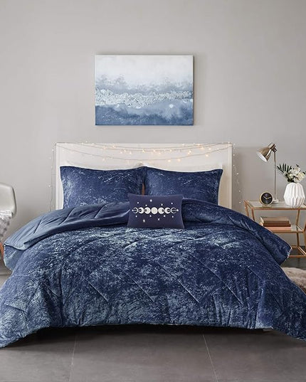 Intelligent Design Twin Comforter Set, Velvet Comforter Set , Luxury Diamond Quilting Comforter Set, Fluffy Comforter Bed Set with Decorative Pillowand 1 Sham, 3 Piece Navy, Twin/Twin XL - LeafyLoom