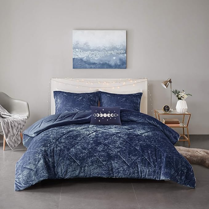 Intelligent Design Queen Comforter Set, Velvet Comforter Set , Luxury Diamond Quilting Comforter Set, Fluffy Comforter Bed Set with Decorative Pillowand 2 Shams, 4 Piece Navy, Full/Queen - LeafyLoom