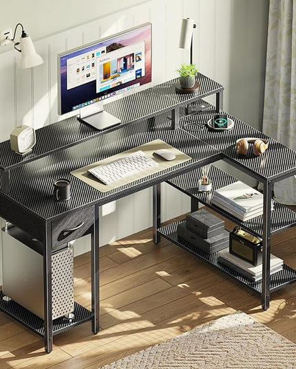 SUPERJARE 47 inch Reversible L Shaped Desk with LED Lights & Power Outlets, Computer Desk with Shelves & Monitor Stand, Gaming Desk with Drawer, Home Office Desk Corner Desk, Carbon Fiber Black - LeafyLoom