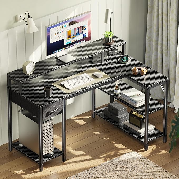 SUPERJARE 47 inch Reversible L Shaped Desk with LED Lights & Power Outlets, Computer Desk with Shelves & Monitor Stand, Gaming Desk with Drawer, Home Office Desk Corner Desk, Carbon Fiber Black - LeafyLoom