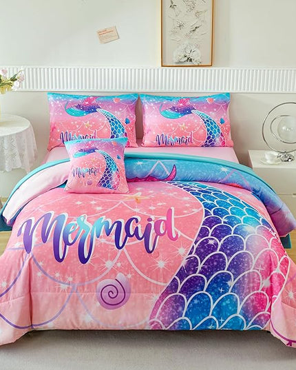 RYNGHIPY Mermaid Kids Girls Comforter Set Full Size Pink Blue Gradient Fish Tail Bed in a Bag - includes Comforter & Sheet Set for Teens Girls Super Soft Kids Bedding - LeafyLoom