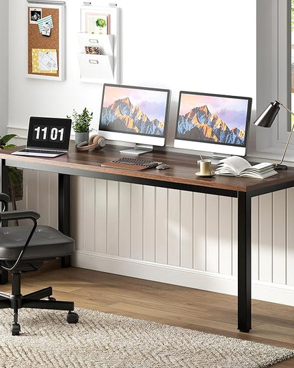 Need 63 Inch Large Computer Desk - Modern Simple Style Home Office Gaming Desk, Basic Writing Table for Study Student, Black Metal Frame, Walnut - LeafyLoom