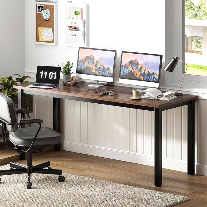 Need 63 Inch Large Computer Desk - Modern Simple Style Home Office Gaming Desk, Basic Writing Table for Study Student, Black Metal Frame, Walnut - LeafyLoom