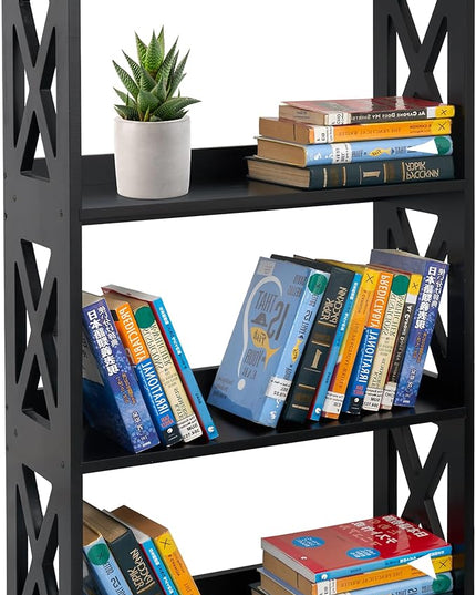 Black Bookshelf, Natural Wood Bookshelf, 4 Tier Bookcase, Open Bookshelf, bookshelves Freestanding Display Storage Shelves for Bedroom, Living Room and Office (Black) - LeafyLoom