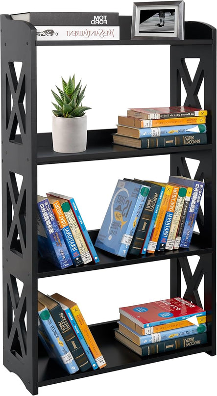 Black Bookshelf, Natural Wood Bookshelf, 4 Tier Bookcase, Open Bookshelf, bookshelves Freestanding Display Storage Shelves for Bedroom, Living Room and Office (Black) - LeafyLoom
