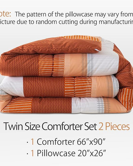 Andency Stripe Comforter Set Twin Size (66x90 Inch), 2 Pieces Terracotta Patchwork Striped Comforter, Soft Microfiber Down Alternative Comforter Bedding Set with Corner Loops - LeafyLoom