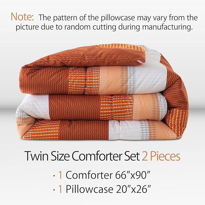 Andency Stripe Comforter Set Twin Size (66x90 Inch), 2 Pieces Terracotta Patchwork Striped Comforter, Soft Microfiber Down Alternative Comforter Bedding Set with Corner Loops - LeafyLoom