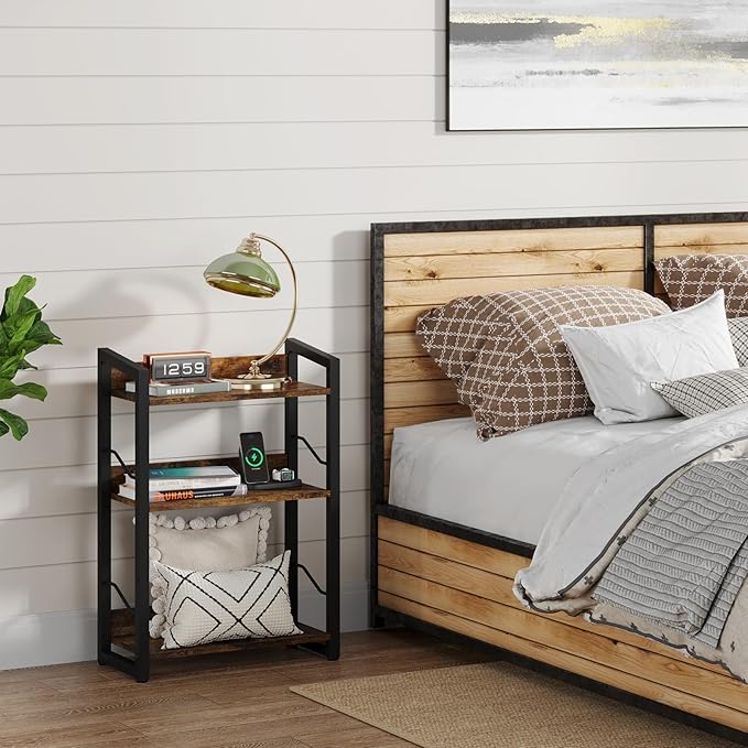 Book Shelf Small Bookshelf: 3-Tier Wood Bookcase Industrial Bookshelf with Edge Protection Metal Narrow Bookshelves Storage Organizer Display Rack for Bedroom Home Office (Rustic Brown) - LeafyLoom