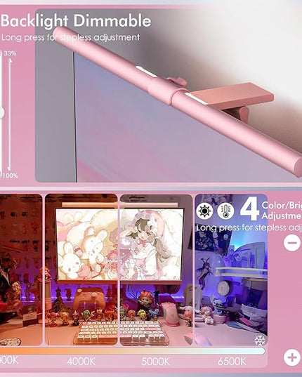 Quntis Pink Monitor Light Bar with Remote, Eye-Care No Glare, Space Saving Computer Desk Lamp As Gifts for Girls, Stepless Dimming, Modern Aesthetic Desk Light Bar for Home Office Gaming Reading - LeafyLoom