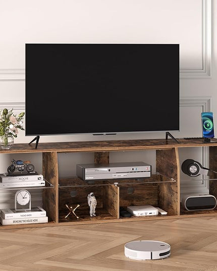 VECELO LED TV Stand with Lights & Power Outlet for 65 inch Gaming Entertainment Center with 7 Open Storage Shelves, Industrial Television Cabinet for Living Room, Bedroom, Retro Brown, 65inch - LeafyLoom