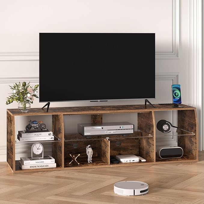VECELO LED TV Stand with Lights & Power Outlet for 65 inch Gaming Entertainment Center with 7 Open Storage Shelves, Industrial Television Cabinet for Living Room, Bedroom, Retro Brown, 65inch - LeafyLoom