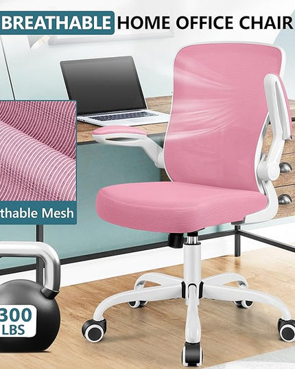 MINLOVE Office Chair Ergonomic Desk Chair with Adjustable Lumbar Support and Height, 90° Flip-up Armrests, Ergo Desk Chairs with Wheels, Home Work Use (Pink) - LeafyLoom