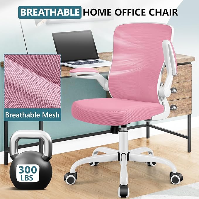 MINLOVE Office Chair Ergonomic Desk Chair with Adjustable Lumbar Support and Height, 90° Flip-up Armrests, Ergo Desk Chairs with Wheels, Home Work Use (Pink) - LeafyLoom