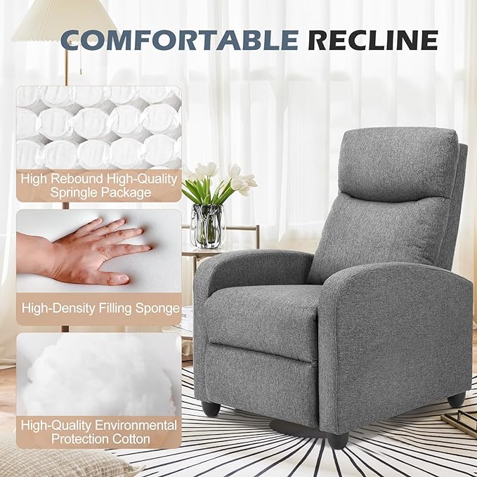 SMUG Recliner Chair Massage Reclining for Adults, Comfortable Fabric Recliner Adjustable Home Theater Seating Lounge with Padded Seat Backrest, Small Recliners for Living Room, Bedroom (Deep Grey) - LeafyLoom