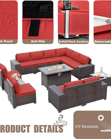Patio Furniture Sectional Sofa Set 13-Pieces PE Rattan Patio Conversation Set w/43in Gas Fire Pit Table, Outdoor Furniture with 55000 BTU Propane Fire Pit, Red - LeafyLoom
