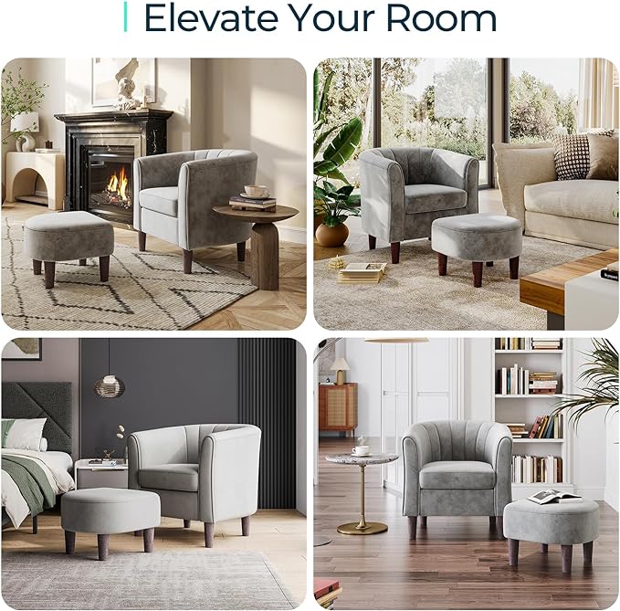 Velvet Accent Chair, Barrel Chair with Ottoman, Modern Comfy Reading Chair Armchair for Living Room Study Room Office, Gray - LeafyLoom
