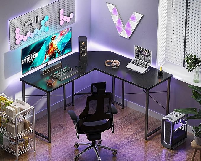 Casaottima 47 inch L Shaped Gaming Desk with Monitor Stand, Corner Desk Gaming Table for Home Office, Computer Desk Sturdy Writing Workstation for Small Space, Black - LeafyLoom