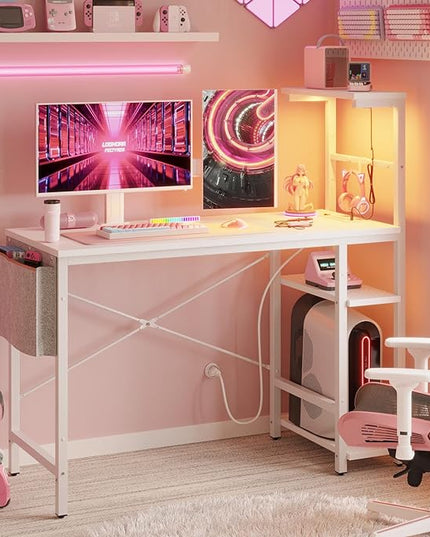 Bestier Gaming Desk with Power Outlets, 44 Inch Led Gamer Desk with 4 Tiers Reversible Shelves, PC Gaming Table with Headset Hook & Side Storage Bag for Bedroom (White 3D Carbon Fiber) - LeafyLoom