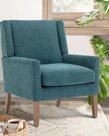 COLAMY Modern Wingback Living Room Chair, Upholstered Fabric Accent Armchair, Single Sofa chair with Lounge Seat and Wood Legs for Bedroom/Office/Reading Spaces, Teal - LeafyLoom