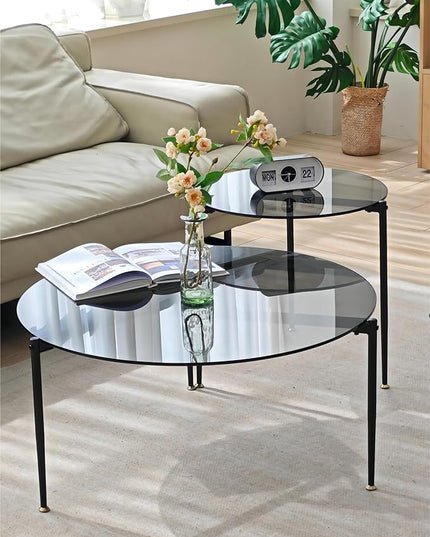 Round Tempered Glass Table: 31.5 inch Large Circle Top Storage Shelf with Metal Frame, Modern Coffee Table Center Desk Luxury Furniture for Living Room, Grey - LeafyLoom