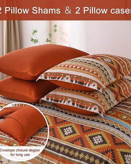 Dinjoy Queen Size Comforter Set Boho,Burn Orange Bed in a Bag Queen Striped Bedding Sets Terracotta Western Comforters with Sheets 7 Pieces Complete Set Aztec for All Seasons 90"x90" - LeafyLoom