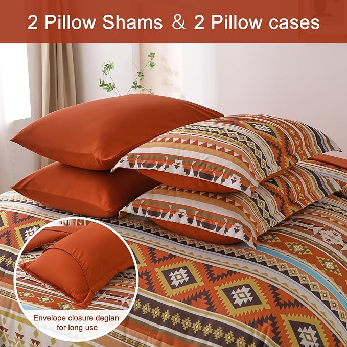 Burn Orange/Terracotta Comforter Set King, Boho Bed in A Bag King Size 7 Pieces Aztec Striped Bedding Set for Women Men Geometric Bohemian Complete Set (90"×104") - LeafyLoom