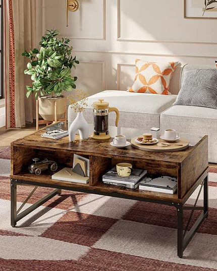Bestier LED Coffee Tables for Living Room, 42 Inch Wood Center Table with Glass Top for Game Night. Rustic Brown - LeafyLoom