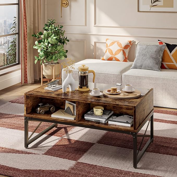 Bestier LED Coffee Tables for Living Room, 42 Inch Wood Center Table with Glass Top for Game Night. Rustic Brown - LeafyLoom