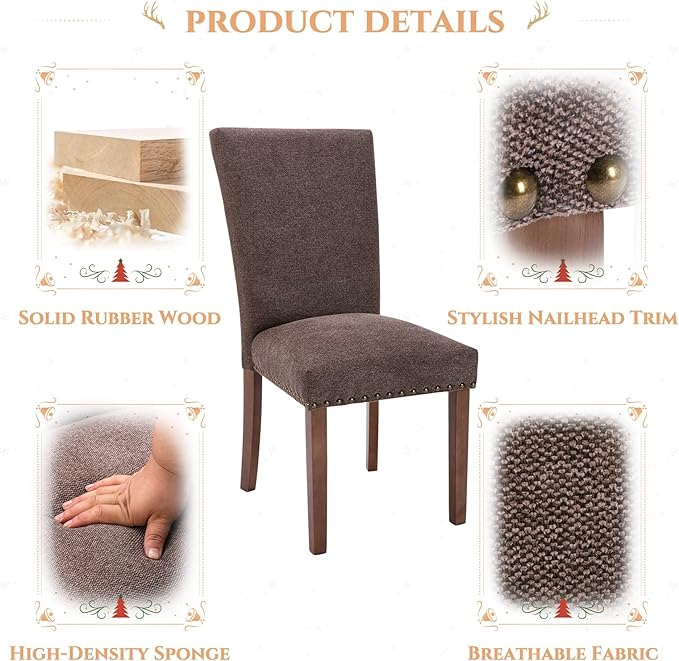 Parsons Dining Chairs Set of 2, Upholstered Nailhead Dining Room Kitchen Side Chair with Thick Cushions and Wood Legs, Brown - LeafyLoom