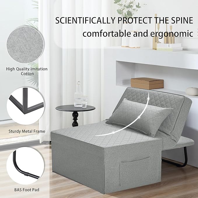 Sofa Bed, 4 in 1 Multi-Function Folding Ottoman Breathable Linen Couch Bed with Adjustable Backrest Modern Convertible Chair for Living Room Apartment Office,Squared-Linen Light Grey - LeafyLoom