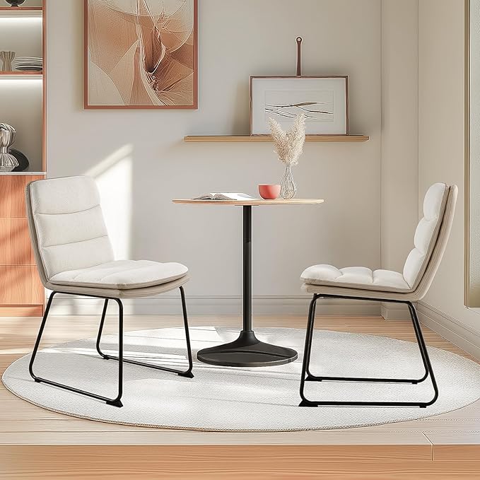 Dining Chairs Set of 6, Upholstered Dining Room Kitchen Chairs with Metal Legs, Modern Fabric PU Leather Side Chairs for Home Office, Cream - LeafyLoom