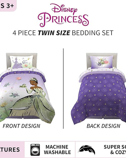 Disney Princess Tiana Kids Bedding Super Soft Microfiber Comforter And Sheet Set, 4 Piece Twin Size, "Official" Disney Product By Franco - LeafyLoom