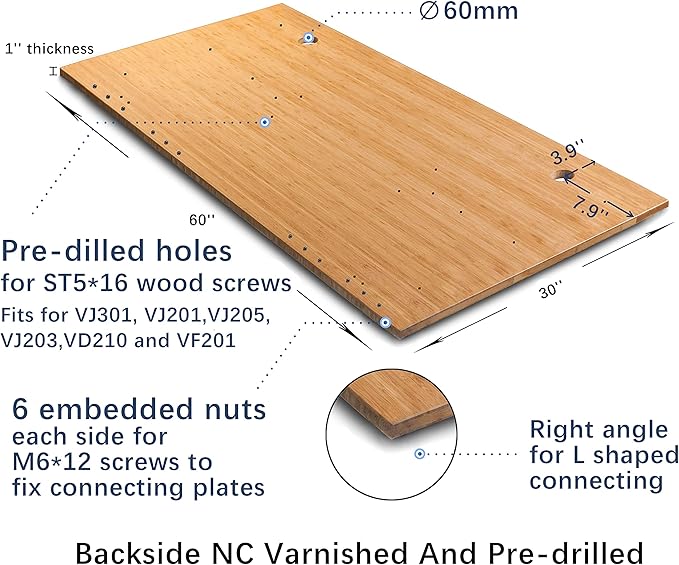 VWINDESK 60 x 30 x 1 Inch 100% Solid Bamboo Desk Table Top Only,for Standing Desk Home Office Desk with 60mm grommets(Right Angle) - LeafyLoom