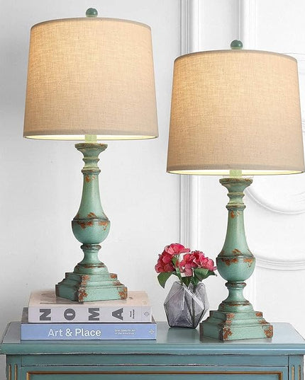 PORTRES 24.5" Rustic Table Lamp Set of 2 for Living Room Farmhouse Bedside Nightstand Lamps for Bedroom Kids Room Study Room Office Rustic Table Lamps Resin Green - LeafyLoom
