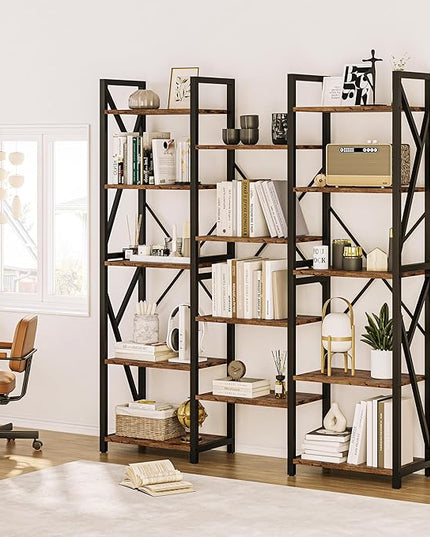 GAOMON Triple Wide 5 Tier Book Shelf, 70.8” Tall Bookcase with 14 Open Shelves, Large Industrial Bookshelves and Bookcases with Metal Frame for Home Office, Study Room, Living Room-Rustic Brown - LeafyLoom