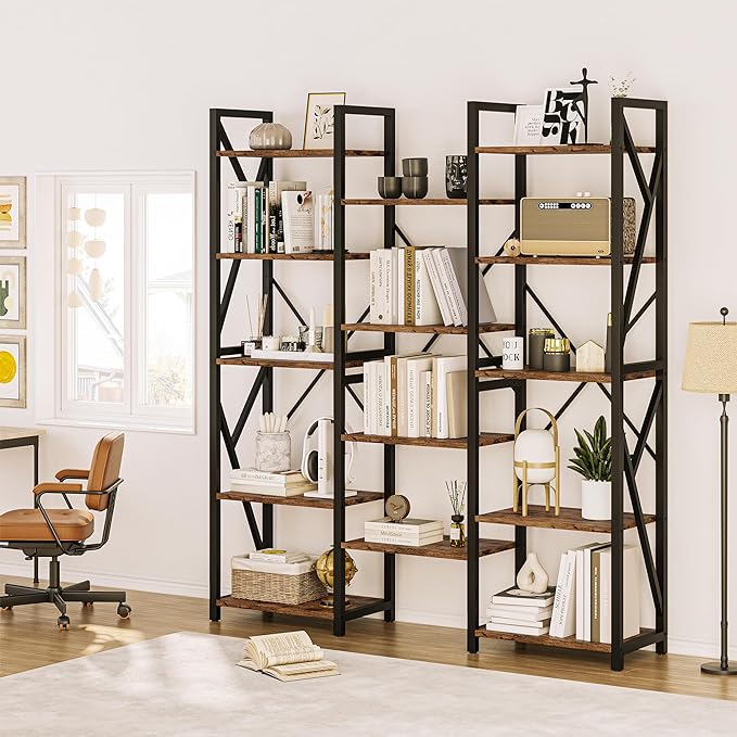 GAOMON Triple Wide 5 Tier Book Shelf, 70.8” Tall Bookcase with 14 Open Shelves, Large Industrial Bookshelves and Bookcases with Metal Frame for Home Office, Study Room, Living Room-Rustic Brown - LeafyLoom