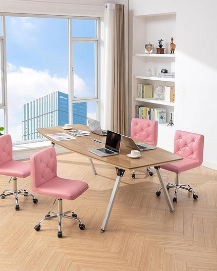VECELO PU Leather Mid-Back Armless Desk Chair Adjustable Height 360° Rolling Swivel for Home Office Work, Pink - LeafyLoom