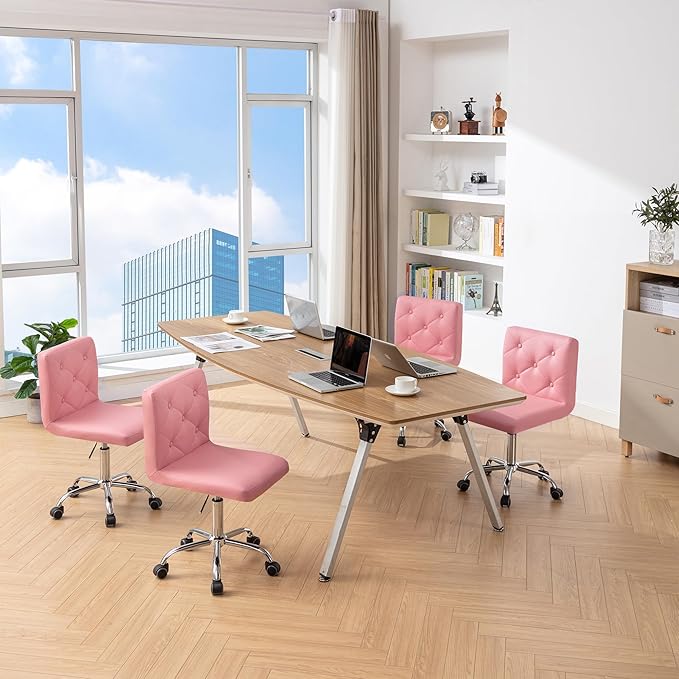 VECELO PU Leather Mid-Back Armless Desk Chair Adjustable Height 360° Rolling Swivel for Home Office Work, Pink - LeafyLoom