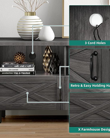 YITAHOME Mid-Century TV Stand for 70/65/60/55 inch, Boho Wood TV Table Farmhouse Media Console with Storage Cabinet and Open Shelves for Living Room, Bedroom, 65 inch, Grey - LeafyLoom