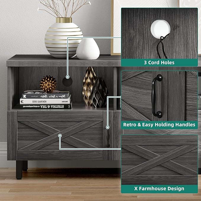 YITAHOME Mid-Century TV Stand for 70/65/60/55 inch, Boho Wood TV Table Farmhouse Media Console with Storage Cabinet and Open Shelves for Living Room, Bedroom, 65 inch, Grey - LeafyLoom