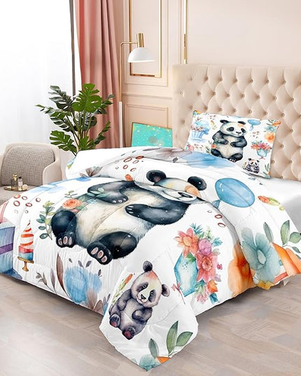 Panda Comforter Set Twin Size - Panda Bedding for Boys Girls Cute Panda Set Cartoon Pandas Print Comfort Twin Bedding Set for Kids Teens, 1 Comforter+1 Pillowcase - LeafyLoom